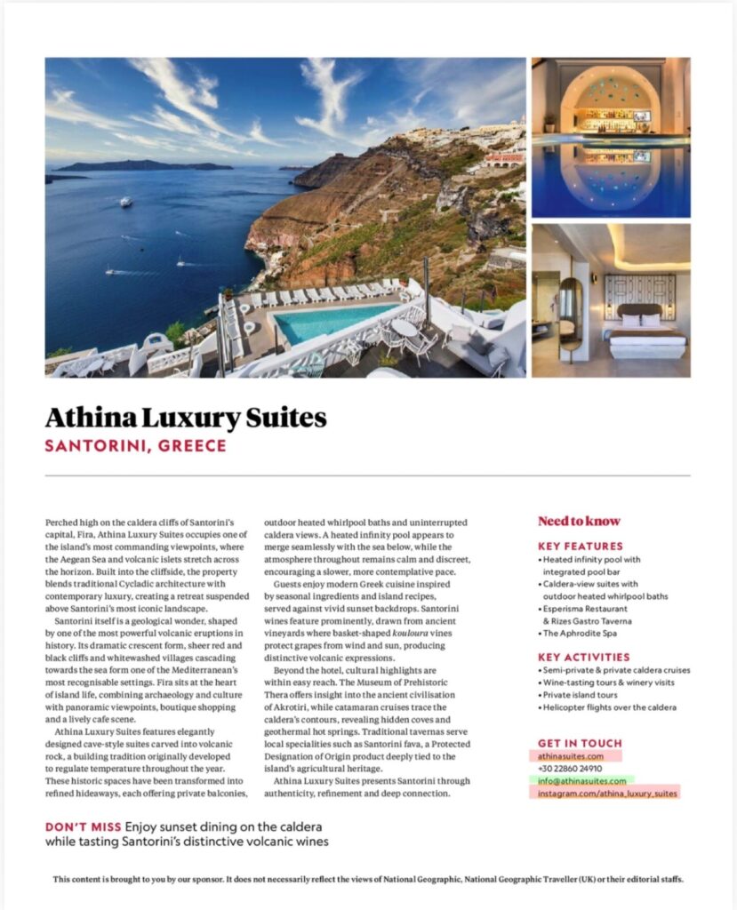 Athina Luxury Suites Featured in National Geographic: Santorini at Its Finest